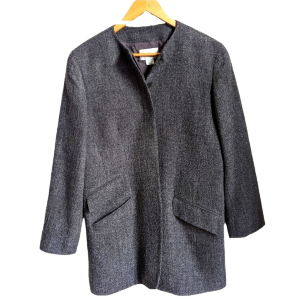 VINTAGE EMANUEL UNGARO Grey Minimalist Wool Boucle Simple Breasted Long Blazer